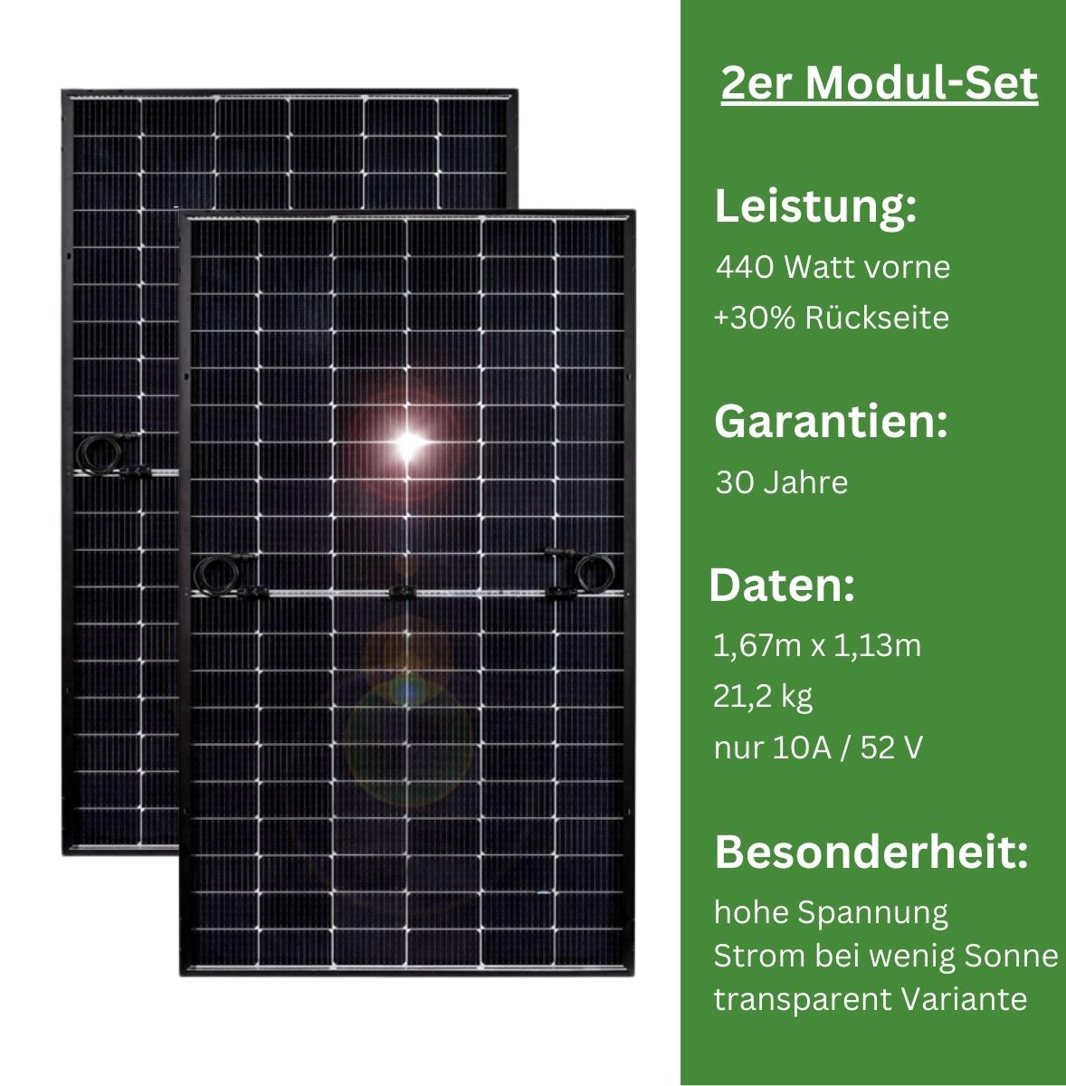 MYVOLTAICS 2x 440+ Watt Premium Hochleistungsmodule - Doppelglas transparent Variante zur Stromerzeugung von beiden Seiten (bifazial)
