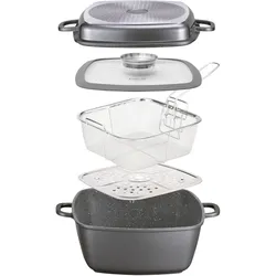 STONELINE® Multi-Eckpfanne, 28 x 28 cm, mit Dampf- und Frittierfunktion, induktionsgeeignet, Aluguss, Antihaftbeschichtung mit echten Steinpartikeln, grau