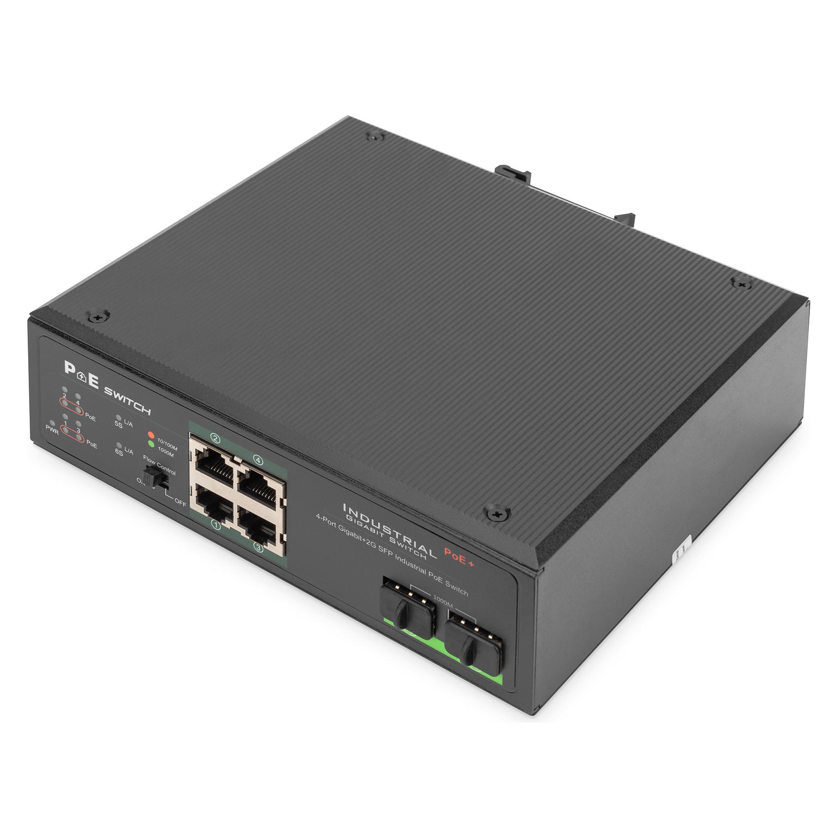 Digitus Industrieller 4-Port Gigabit PoE+ Switch mit 2 x SFP Uplink (4 Ports) (DN-651109)