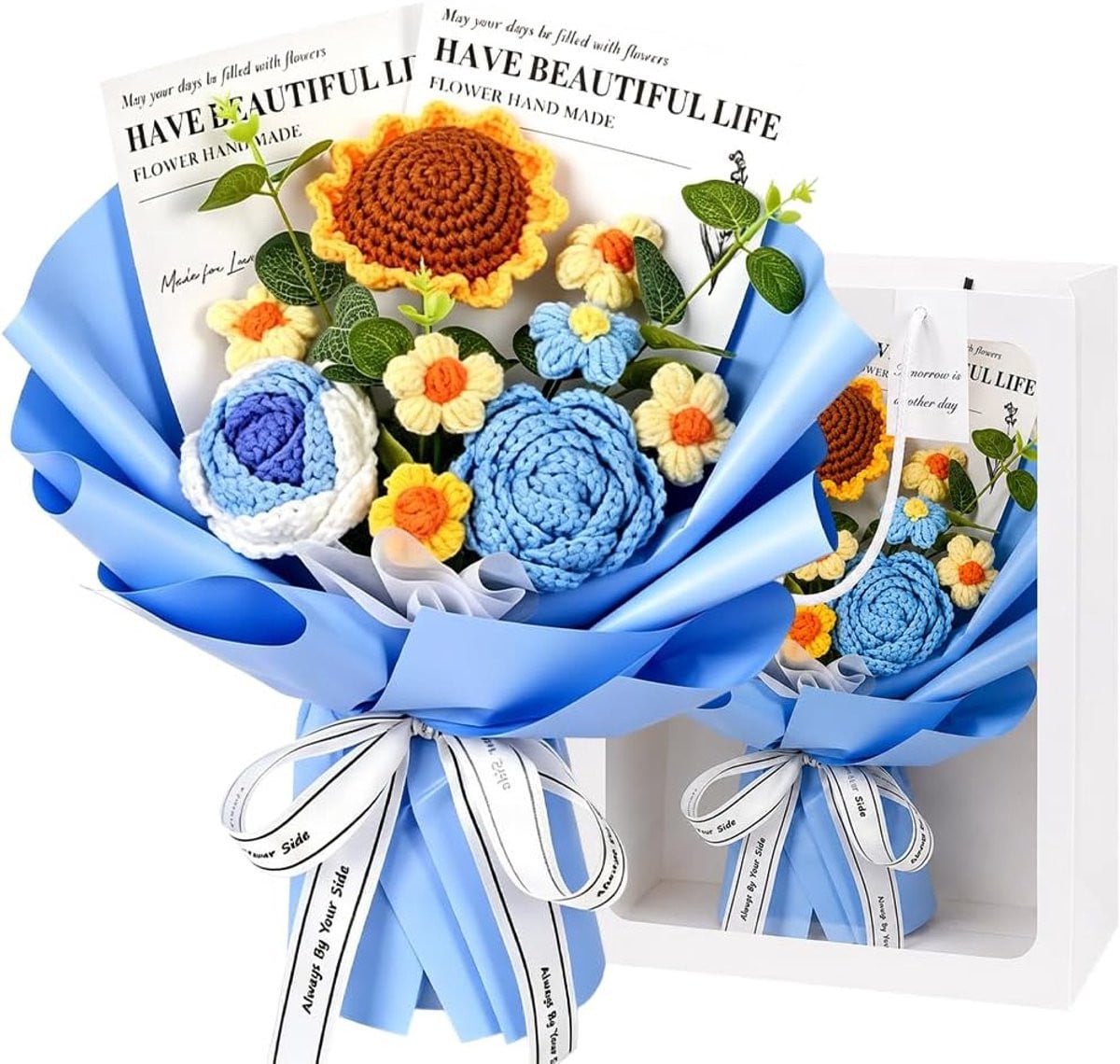 Handgemaakt gehaakt boeket met zonnebloem en roos