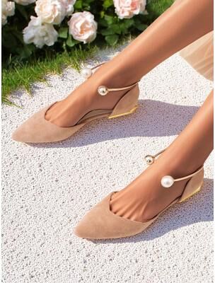 LightInthebox Women's Burgundy Pointed Toe Flats – Suede Shoes with Pearl Anklet Strap for Elegant Daytime Dates