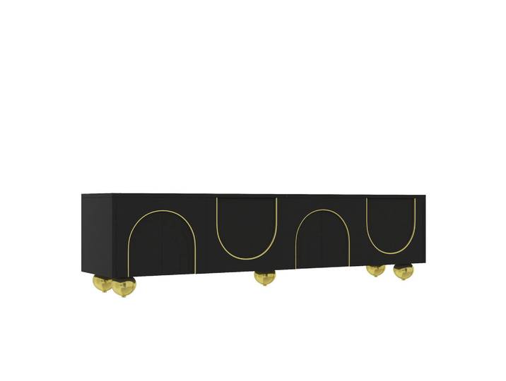 Oxeza Tv-Element 170/38/44 cm Schwarz mit offenen Fächern, goldenen Griffen und goldenen Füßen, Holz, Mode, Rechteckig, 170x44x38 cm, Wohnzimmer, TV Möbel, Lowboards, Lowboards stehend
