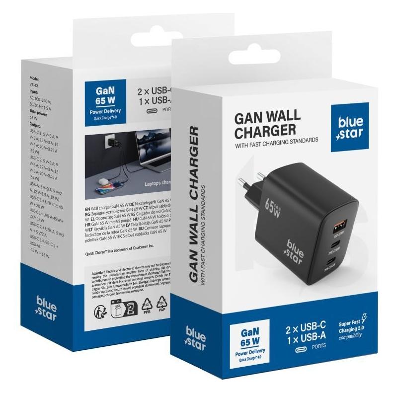 Blue Star Premier Cable Blue Star BLUE STAR travel charger GaN 4A 65W 2 x Type C + USB A PD QC4.0 VT-43 black (65 W, 3 Ports) (49621307)