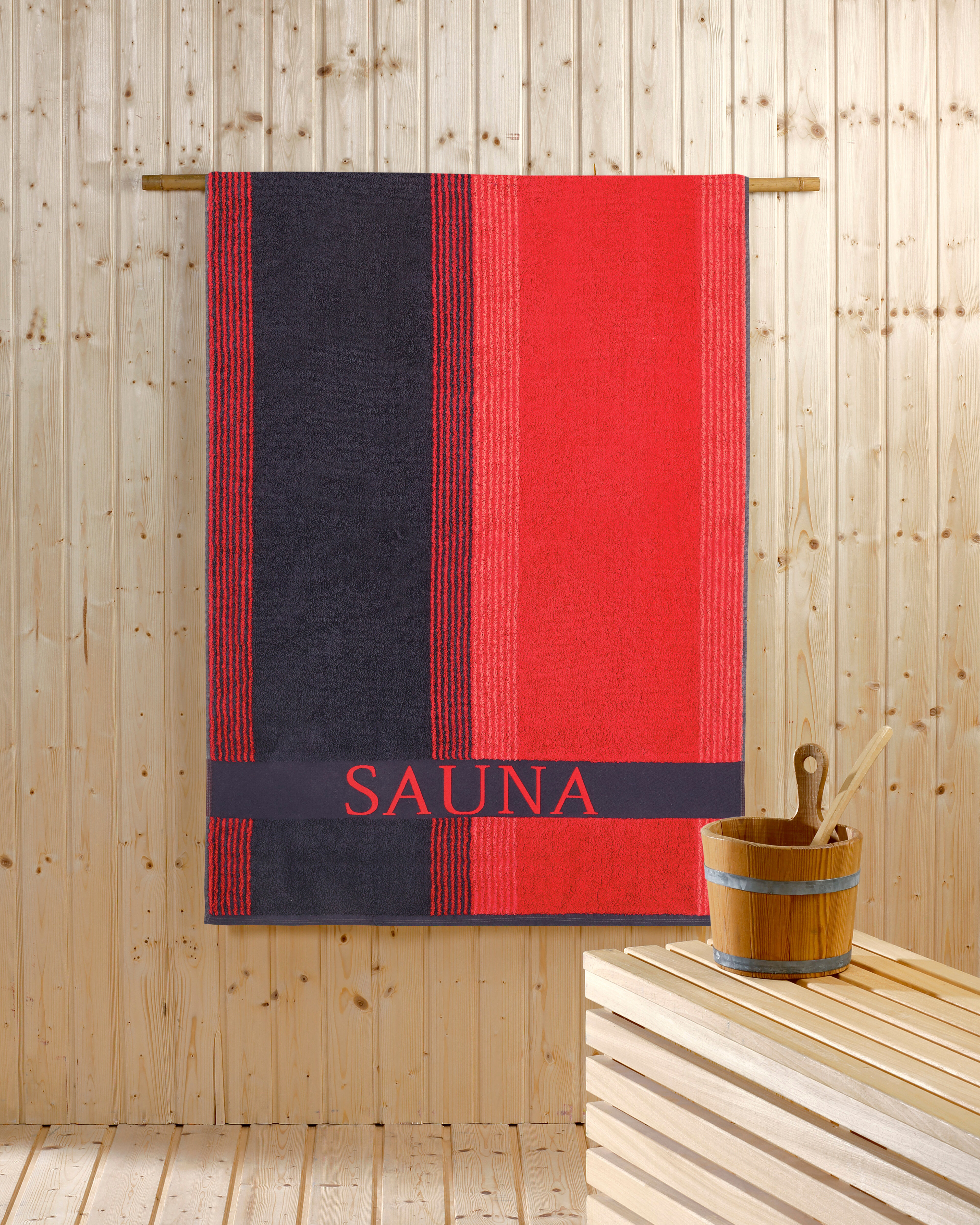 Saunatuch DYCKHOFF "Saunastreifen", rot, B:80cm L:200cm, Walkfrottee, Obermaterial: 100% Baumwolle, Handtücher, Saunatuch, mit breiter Bordüre rot B/L: 80cmx200cm, 1 Stk., Walkfrottee