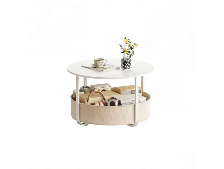 Table basse ronde en métal blanc avec panier beige 80x80x50 cm
