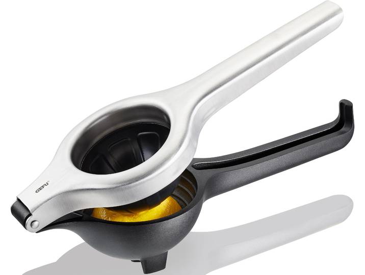 Zitruspresse GEFU LEMON PRO , silber (silberfarben, schwarz), B:9,7cm H:8,7cm T:27cm, Entsafter, Zitruspresse, Edelstahl, bis zu einer Fruchtgröße von 8,4 cm Durchmesser