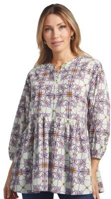 Masseys Tuscany Woven Tunic (Size 2X) Lilac/Cream Mosaic, Cotton