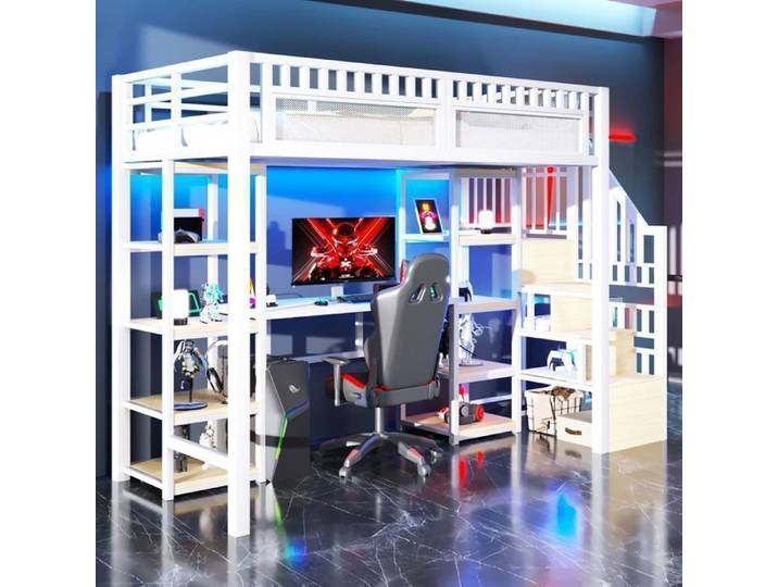 Lit mezzanine - SOGEU - Lit mezzanine avec bureau - 90x200 cm - Bureau & étagères intégrés - LED via App Port USB