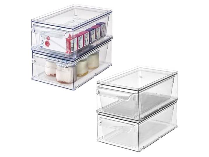 iDesign Stapelbare Küchenschublade, transparent, 4 Stück Für Kühlschrank, Speisekammer, für Unterspüle, für Schrank