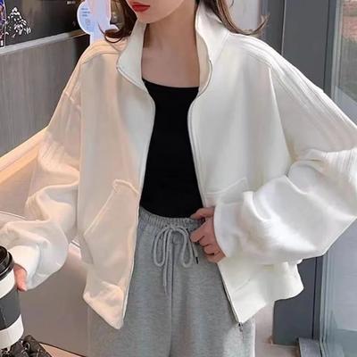 Rare Purchases Women's Short Sweatshirt Jacket, Versatile Loose Fit Casual Style, Three Stripe Autumn Winter Jacket xl white