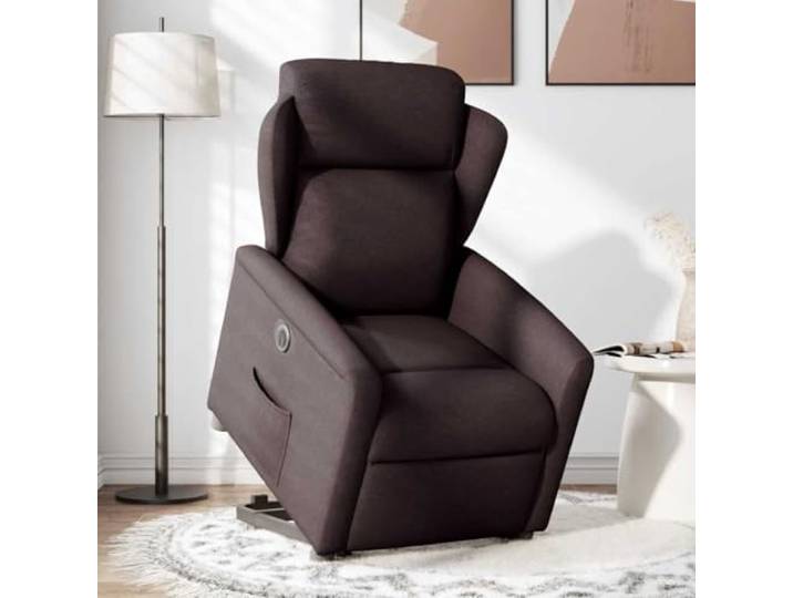 Elektrischer Relaxsessel mit Aufstehhilfe Dunkelbraun Stoff Stoffbezug dunkelbraun, Seitentasche, Rahmen aus Holz und Metall, USB-Anschluss, TV-Sessel