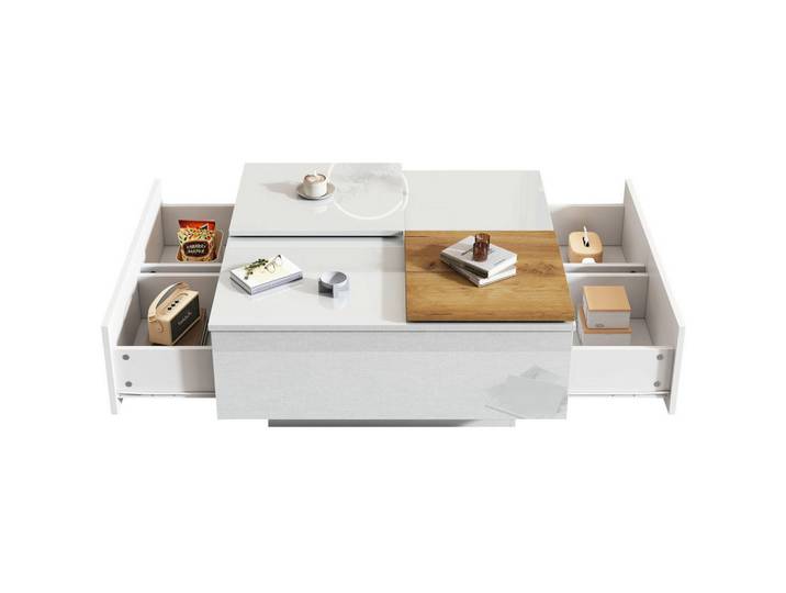 Redom Couchtisch, weißer Hochglanz-Couchtisch aus Spanplatte mit verschiebbaren Ablageplatten, belastbar 30 kg, 75/75/33,5 cm,weiß, Weiß, 75x33.5x75 cm, Wohnzimmer, Wohnzimmertische, Couchtische