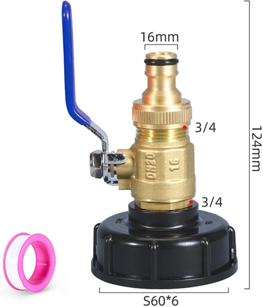 INF IBC-Tank Adapter mit 6-fen Doppel-Außengewinde Messing-Kugelhahn und 1/2 inch Messingdüse, verstärkter ABS+Messing Anschluss
