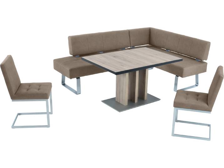 Eckbankgruppe, Beige, 227x165 cm, Microfaser, Ausziehbar & 2 Freischwinger, Modern, K+W-Polstermöbel