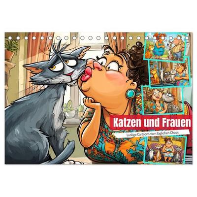 Katzen und Frauen. Lustige Cartoons vom täglichen Chaos (Tischkalender 2027 DIN A5 quer), CALVENDO Monatskalender