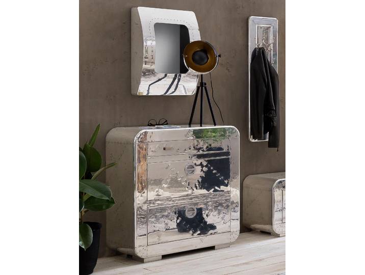 Schuhschrank SIT Biella aus Altholz mit Aluminium-Beschlägen im Flugzeuglook , silber, B:85cm H:90cm T:40cm, Aluminium, Holz teilmassiv, Schränke, Schuhschrank, 2 Klappen & 1 Schublade für ca. 12 Paar Schuhe