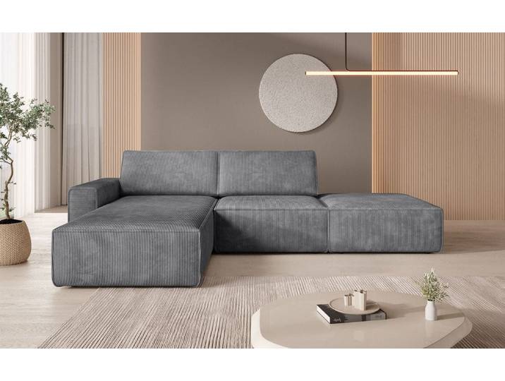 Modulares Ecksofa Yuma mit Beistellhocker aus Cord - Anthrazit - Links - Luxusbetten24
