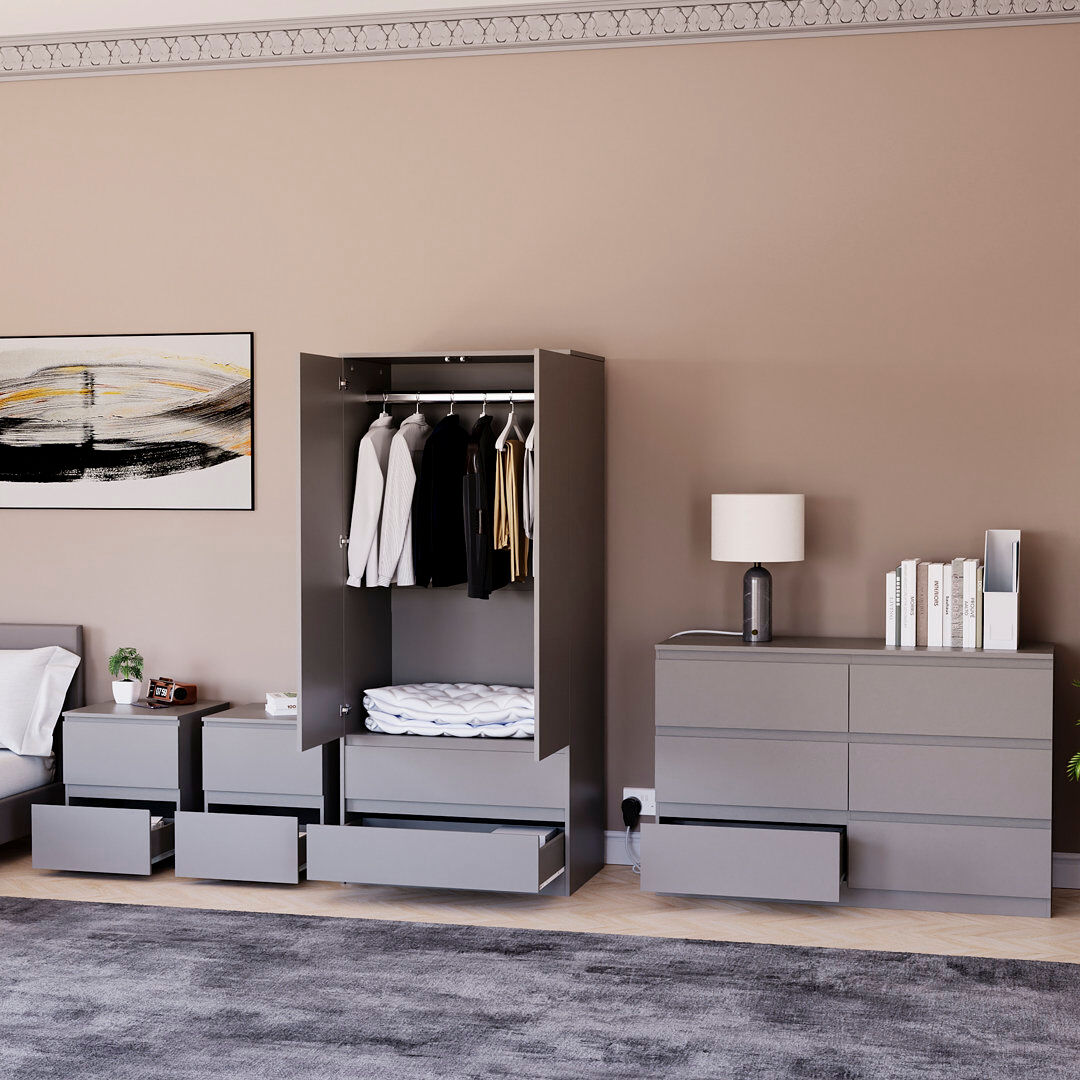 17 Stories Tanino 4 Piece Bedroom Set (2 Drawer Large Bedside Chest X2, 6 Drawer Chest, 2 Door 2 Drawer Wardrobe) Grey