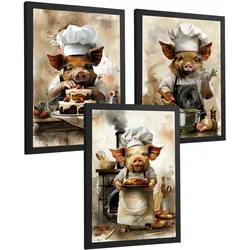 POSTER 3er Set Schwein Koch Wandbilder Lustiges Tier Bäcker Konditor Illustration Küche Wanddeko Rahmenlos A4