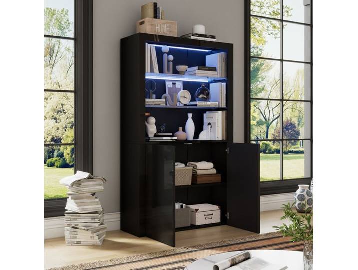 Vitrine noire LED IVMEU 100 x 35 x 170 cm 2 portes façade brillante verre salon