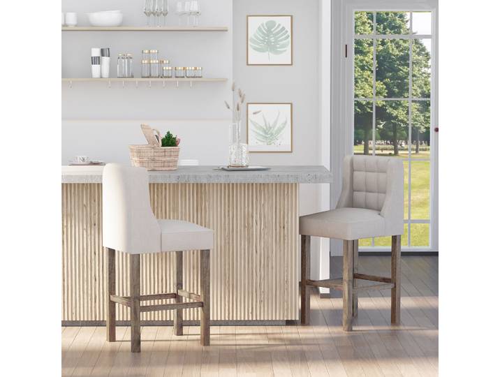 HOMCOM 2er-Set Barhocker avec capitonnage, bois massif, repose-pieds inclus, 47 cm x 50 cm x 101 cm, Gris + Naturel