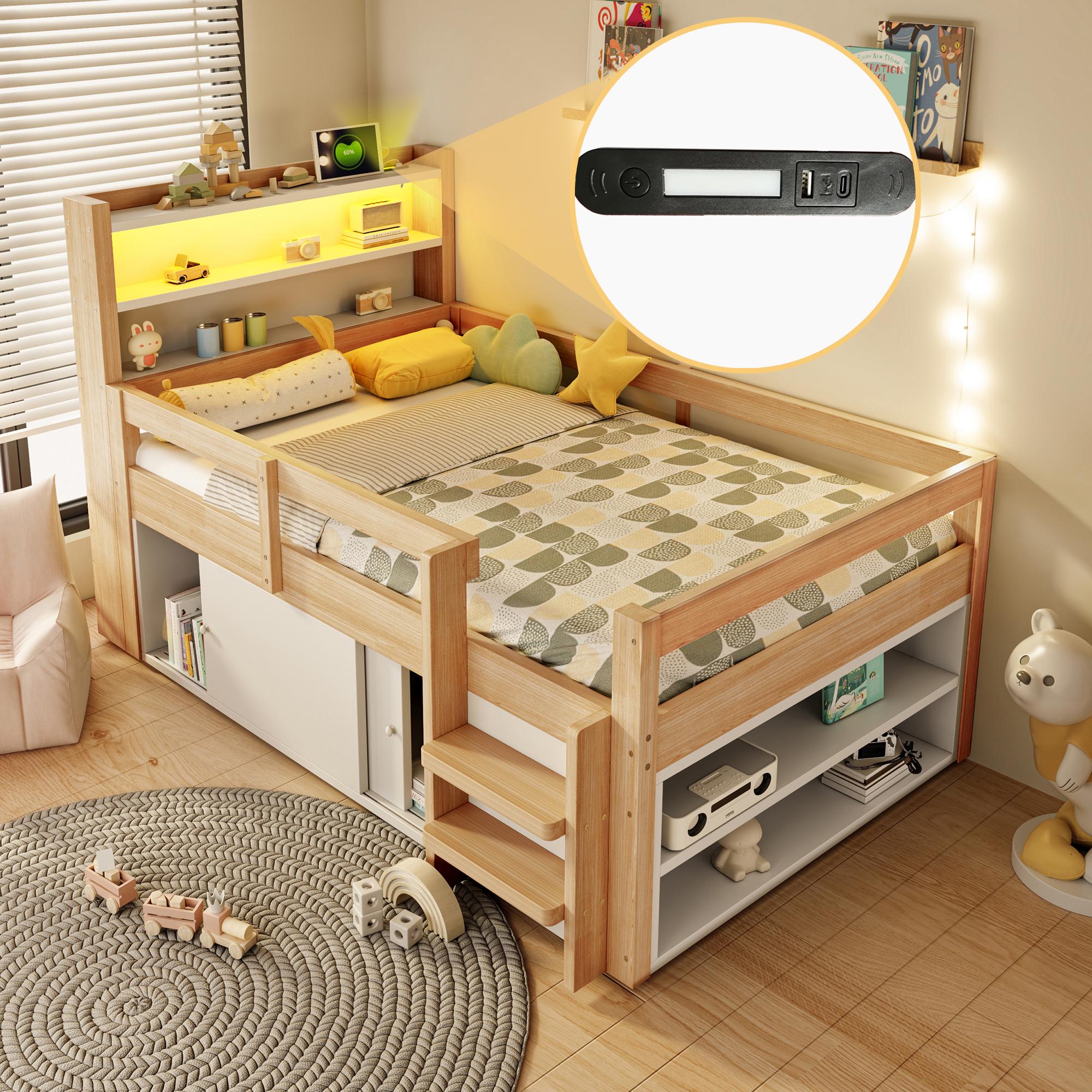 okwish Einzelbett 90×200 mit Matratze und Schrank mit Schiebetüren, Kinderbett mit USB und LED-Beleuchtung, Holzbett Natur