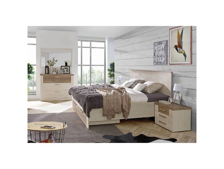 Bettgestell Ludwig I 150 x 190cm Spanplatte Weiß/Beige Pinie
