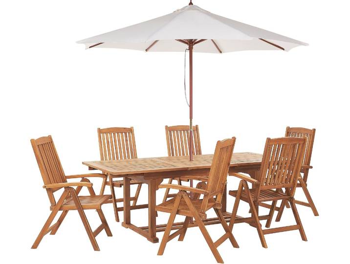 BELIANI Gartenmöbel Set mit Sonnenschirm Hellbraun Akazienholz 6-Sitzer 8-teilig Ausziehbarer Tisch Outdoor Garten Terrasse Balkon Ausstattung Möbel