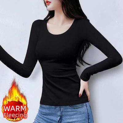 Uplifted Finds O Neck Long Sleeve Fleece Heating Fiber Thermal T Shirt Women Winter Bottoming Cropped Top Casual Skinny All Match m o neck Black