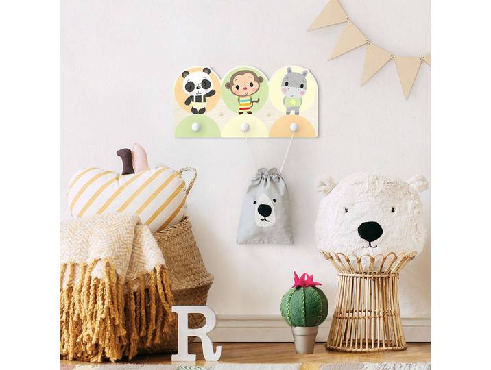 Patère enfants Panda, singe, hippopotame 40 x 20 x 1cm Multicolore