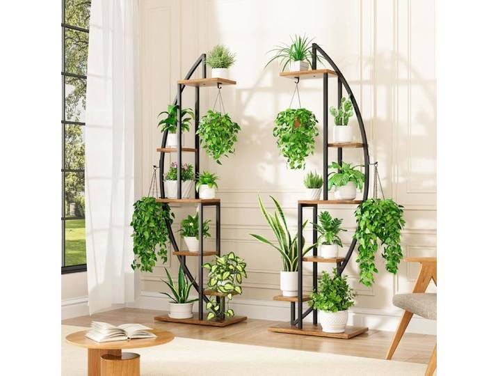 Porte Plante Interieur 6 Niveaux 160cm - Étagère Plante d'Angle en Bois et Métal Noir Présentoir Plante pour Salon