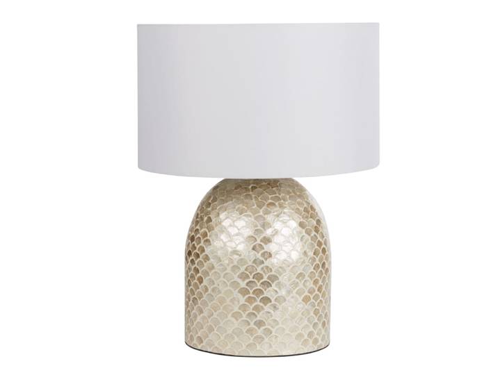 Lampe en nacre dorée et abat-jour blanc, H64 cm