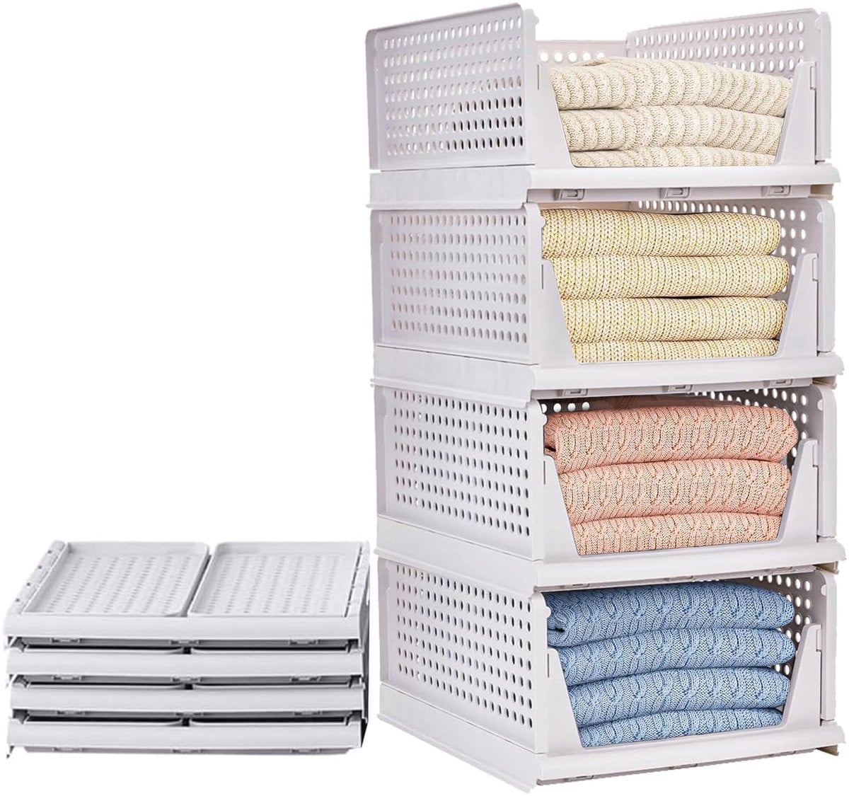 SnelShoppen Kledingkastorganizer 4 stuks, Stapelbare opbergladen voor kleding, Wit