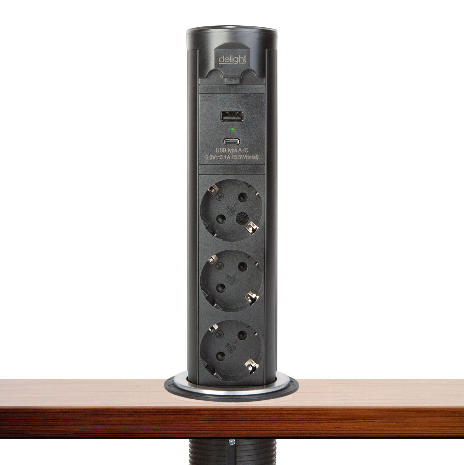 HomeShopXL Inbouwstopcontact zwart met 3 stopcontacten, USB-A en USB-C, motorbediening en kinderbeveiliging [20453B]