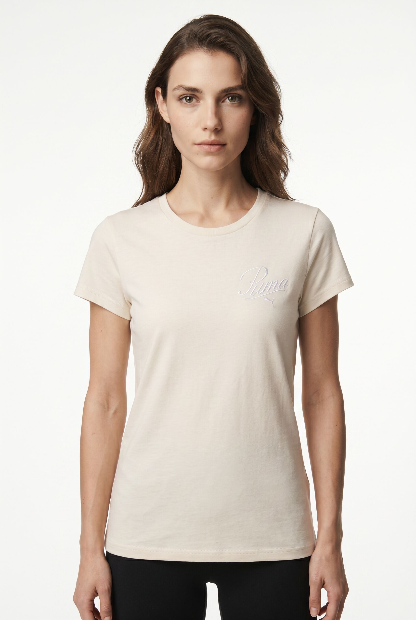 T-Shirt PUMA "ESS SCRIPT TEE", Damen, Gr. M, weiss (alpine snow), Jersey, Obermaterial: 100% Baumwolle, bedruckt, regular fit normal, Rundhals, Shirts T-Shirt, Regular Fit, sportlicher Stil, mit Grafikstickerei und Print alpine snow M
