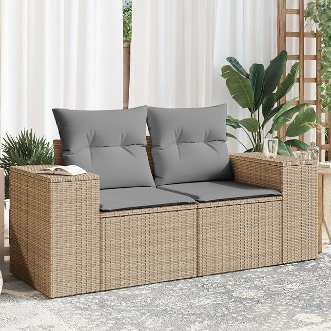Gartensofa mit Kissen, 2-Sitzer, beige, aus Polyrattan, für den Außenbereich, für den Garten, Bett, Sofa, Sofa, Gartensofa, Wohnzimmer, Terrasse, Außenbereich, Möbel uu