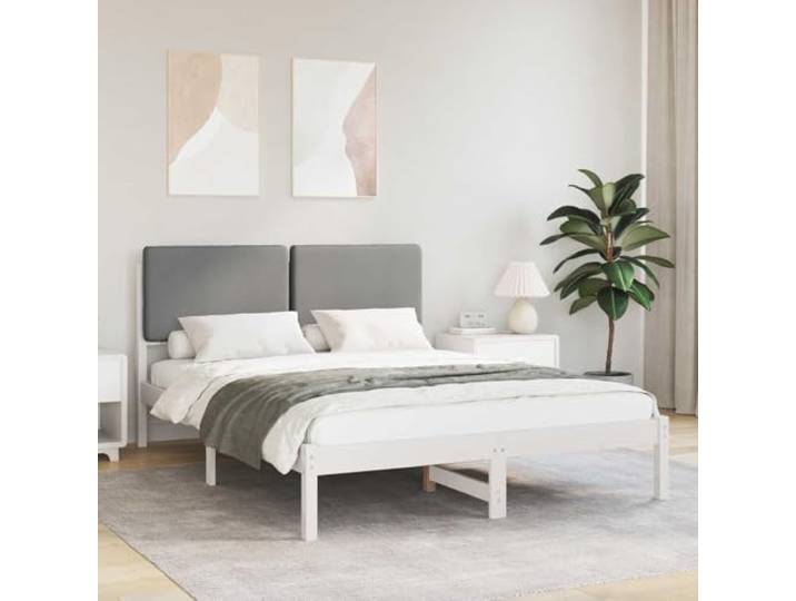 Kiefernholz Bettgestell gepolstertes Kopfteil minimalistische Optik 140 x Bettgestell mit gepolstertem Kopfteil Hellgrau 140 x 190 cm Massivholz Kiefer Stabil Plattformbett mit Schaumstoffpolsterung