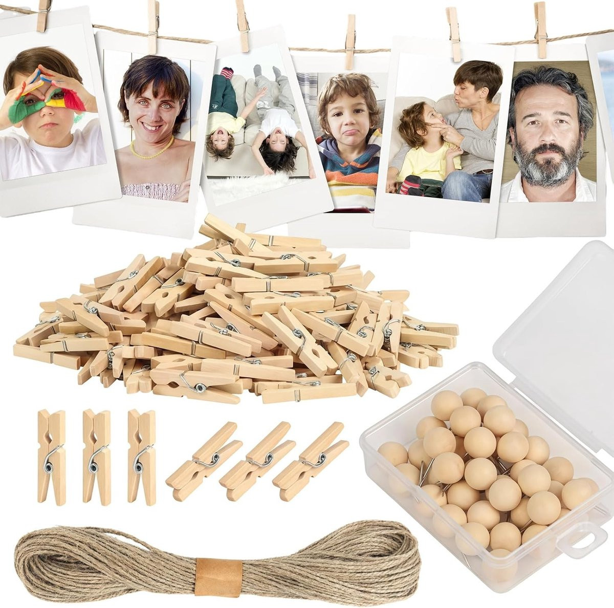 100 stuks houten mini klemmen met touw voor decoratie, knutselen en feestjes