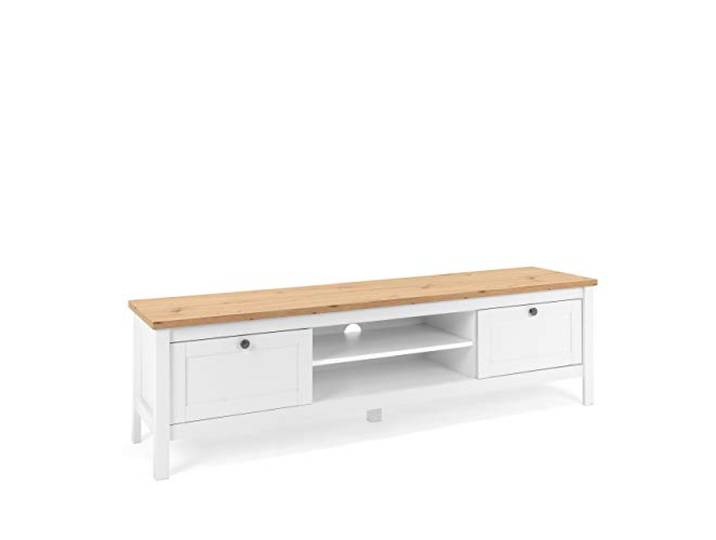 Newfurn TV Lowboard Weiß Wildeiche TV Schrank Fernsehtisch Wohnzimmer 2 Türen mit offenem Mittelfach und Ablageboden, TV Board stehend, TV Bank, Fernseher Kommode, für den Landhaus Wohnraum