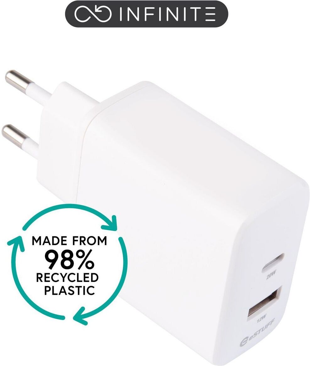 eSTUFF INFINITE (GRS) Dual Charger USB-C 20W PD + USB-A 12W, EU Plug - White, Bulk Pack