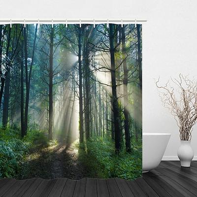 Duschvorhang mit Haken 200 cm hoch duschvorhang waschbar Polyester duschvorhang blatt Wasserfest Sonnenlicht Waldlandschaftsmuster