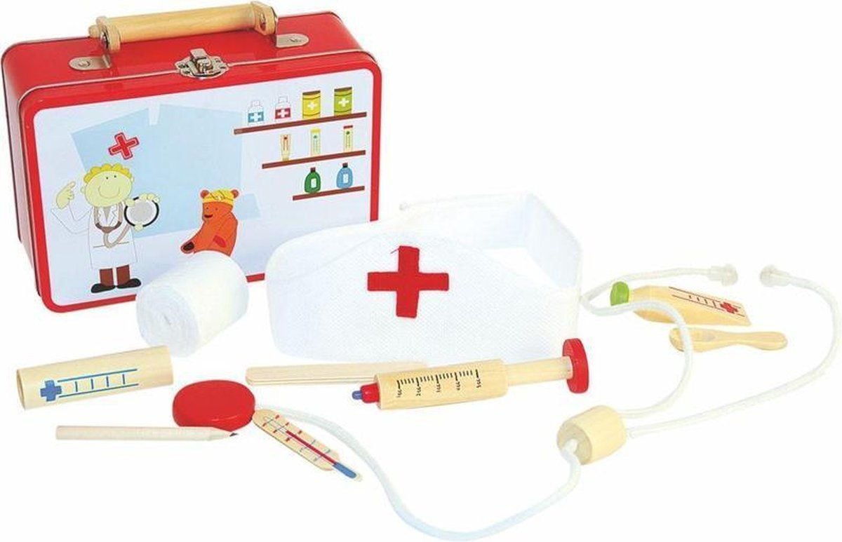 Woody 90847 Dokter speelgoedkoffer met houten accessoires voor kinderen vanaf 3 jaar