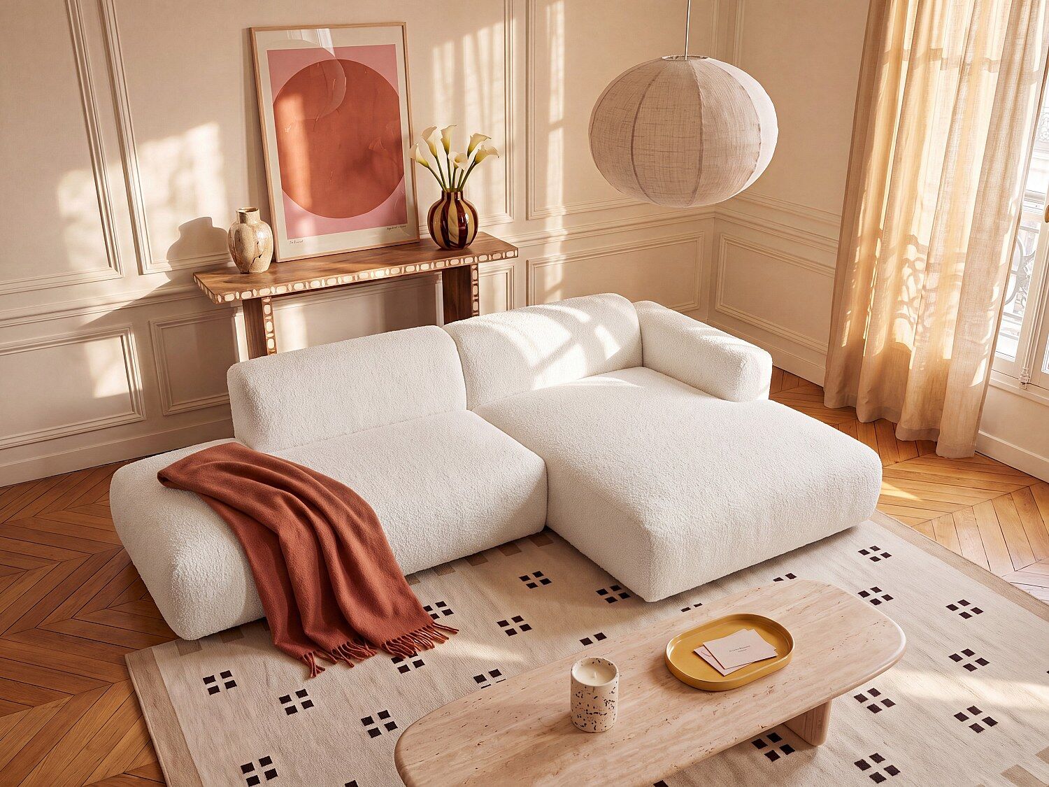Unique Sofá modular rinconera derecha abierto en tela bouclé blanco - POGNI de Maison Céphy