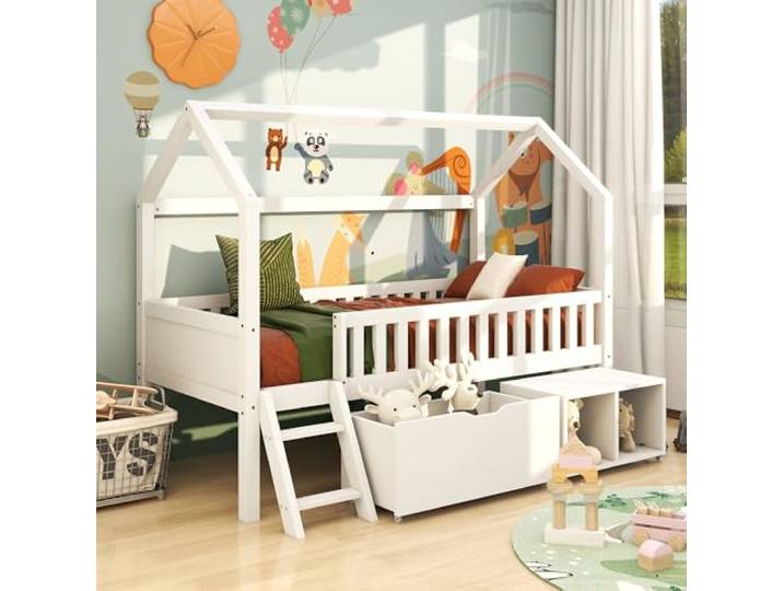 Merax Kinderbett 90x200cm, Schönes Hausbett mit Schubladen und Ablagefächern, Vielseitiges Holz Baumhausbett mit Treppe & Lattenrost & Rausfallschutz, für Jungen und Mädchen, Weiß