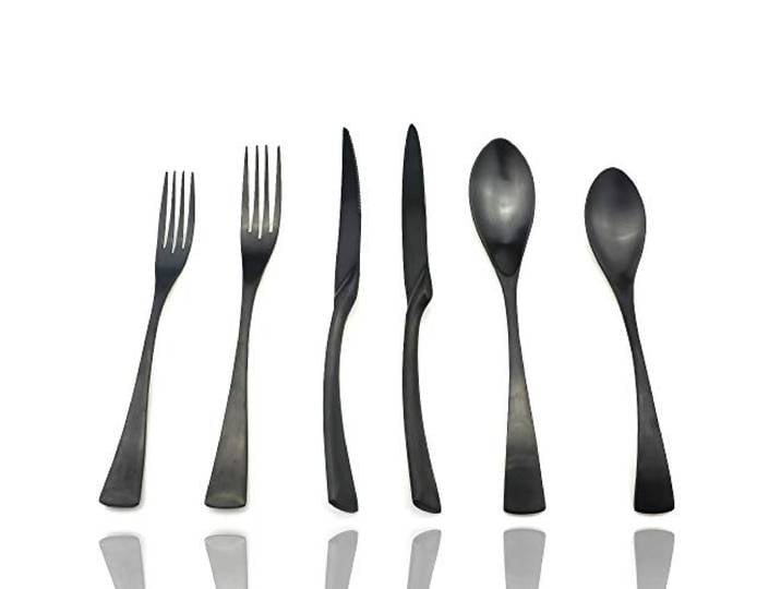 JASHII Besteck-Set aus 18/10 Edelstahl, mattschwarz, 24-teilig, Tafelmesser, Steakmesser, Salat, Gabel, Dessertlöffel, Service für 4, schwarze Utensilien-Sets