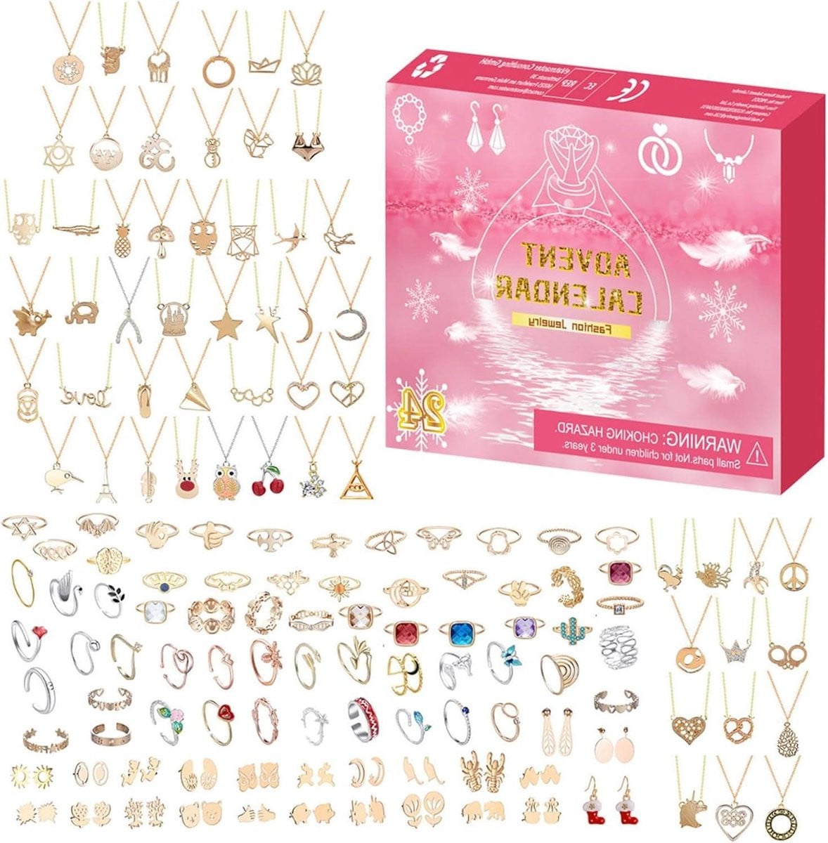Kerst adventskalender met 24-delige sieraden verrassingsset - Roze