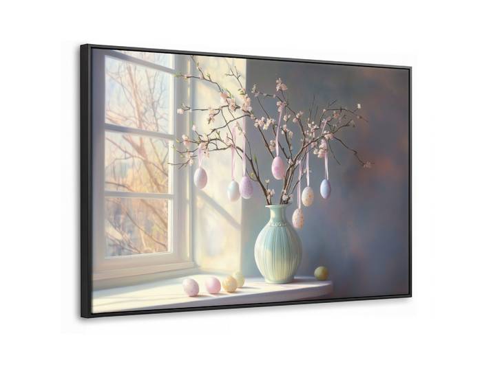 LEINWAND Bilder mit Rahmen - Stillleben - Vase - Osterzweig - 90x60