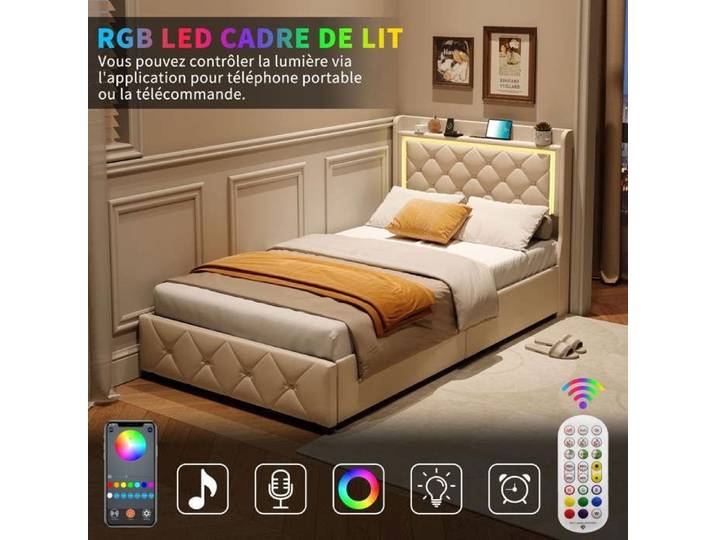 Cadre de Lit 90x200 Lit Coffre Capitonné avec LED et USB Lit Rembourré-DADEA-Lit Simple avec Rangement Beige Flanelle