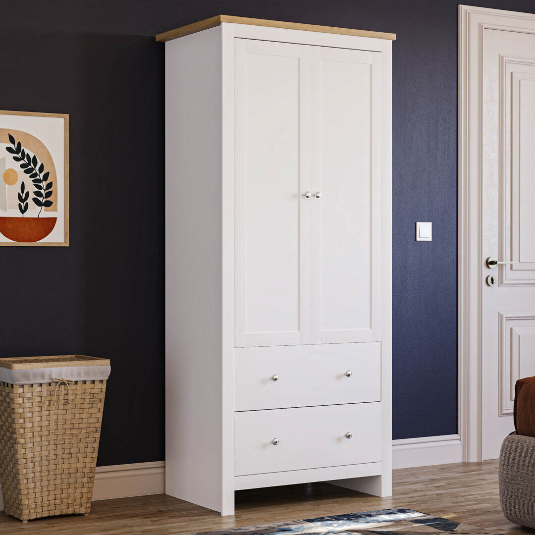 Fernleaf Morley 2 Door 2 Drawer Wardrobe With Hanging Clothes Rail Bedroom Furniture White 180cm H X 79cm W X 52cm D
