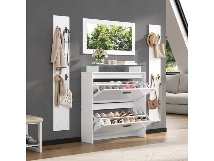 Vestiaire d'entrée avec meuble à chaussures - Ensemble 4 pièces - Miroir mural - Meuble à chaussures à 2 niveaux